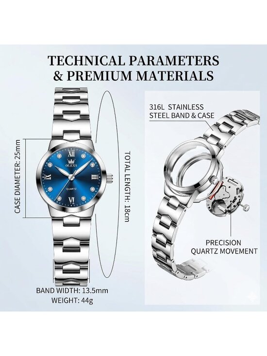 Women\'s Blue and Silver Analog Quartz Waterproof Stainless Steel Band Watch